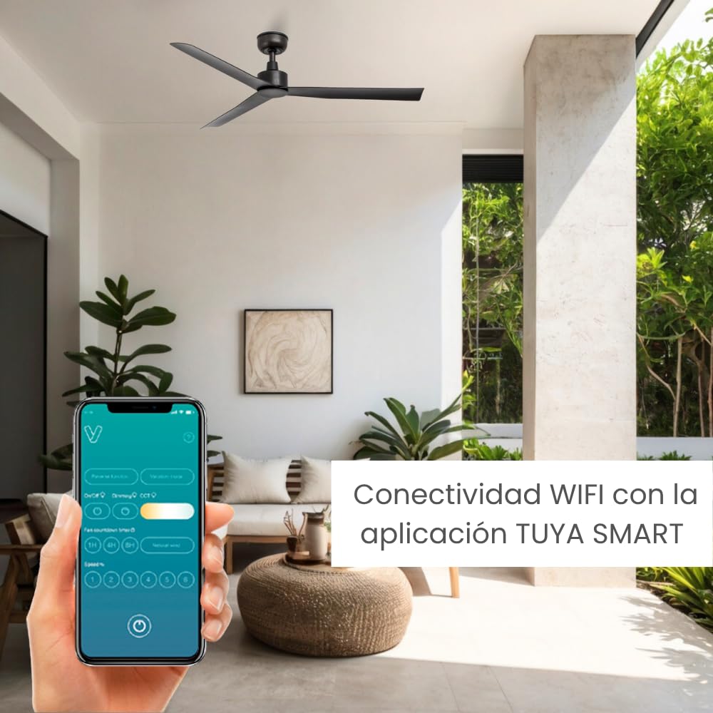 / RIVER/Ventilador de techo marrón para exterior sin luz, con wifi Ø125 cm/Ultrasilencioso, bajo consumo, 6 Velocidades, mando a distancia con temporizador, verano-Invierno