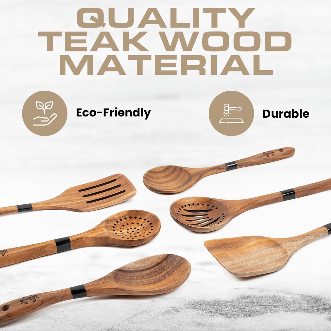 Armandine Teak Wooden Spoons for Cooking 11-Piece - Non-Stick & Non-Scratch Wooden Cooking Utensils Set - Heat Resistant Kitchen Utensils Set - Image 3