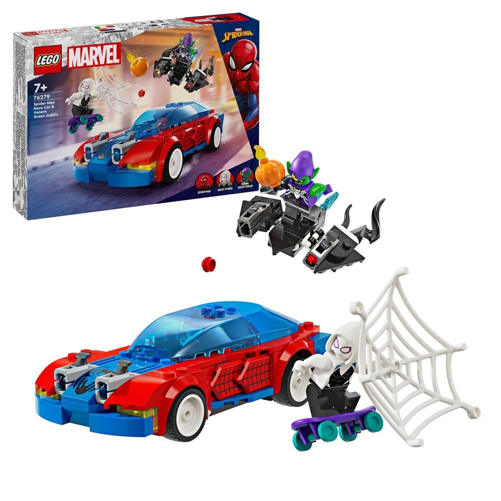 Marvel Spider-Man Race Car & Venom Green Goblin, Super Hero Building Toys for Boys & Girls Featuring a Spidey Minifigure, plus a Buildable Toy Vehicle and Web-Shooters, Gifts for Kids 76279