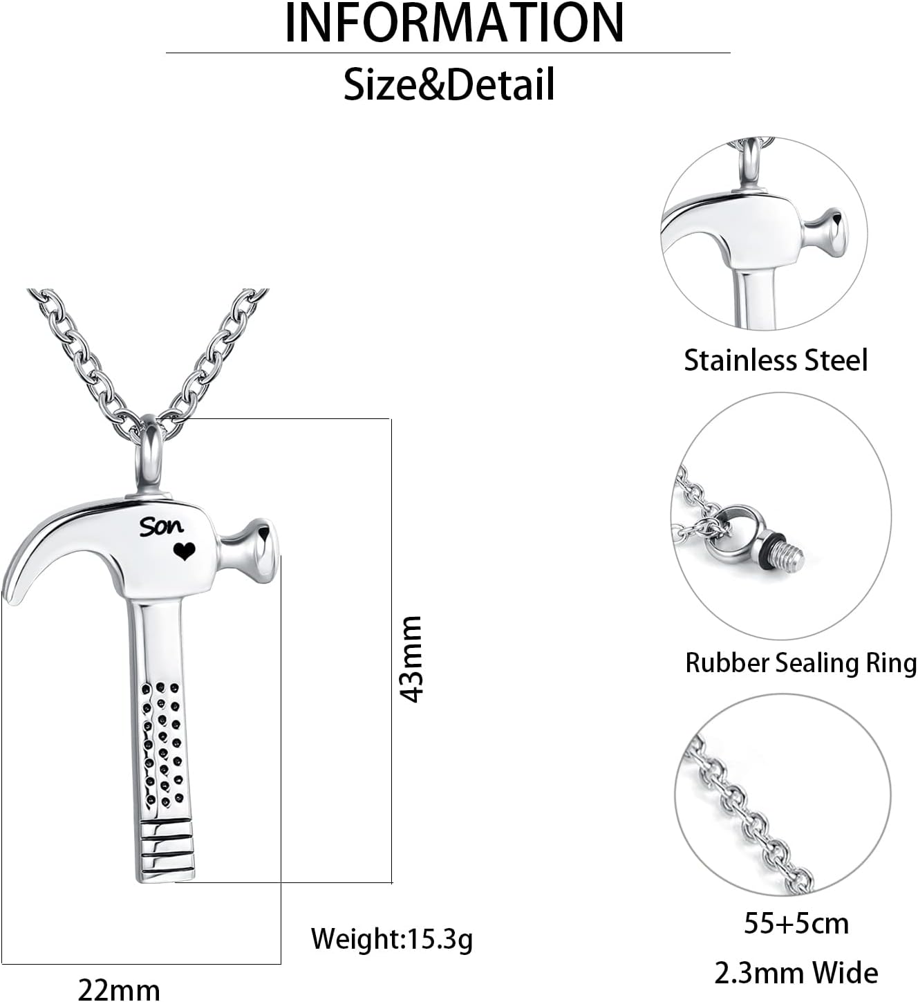 Hammer Construction Tool Urn Necklace for Ashes Laborer Cremation Keepsake Memorial Pendant Jewelry Dad Grandma Mom - Image 6