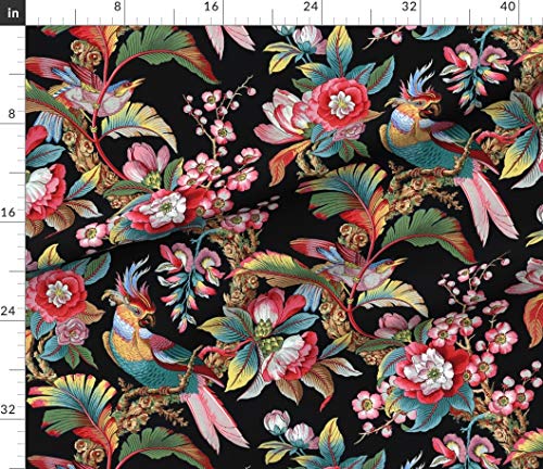 Spoonflower Fabric - Edwardian Parrot Bright Black Tropical Bird Botanical Historical Printed on Petal Signature Cotton Fabric by The Yard - Sewing Quilting Apparel Crafts Decor
