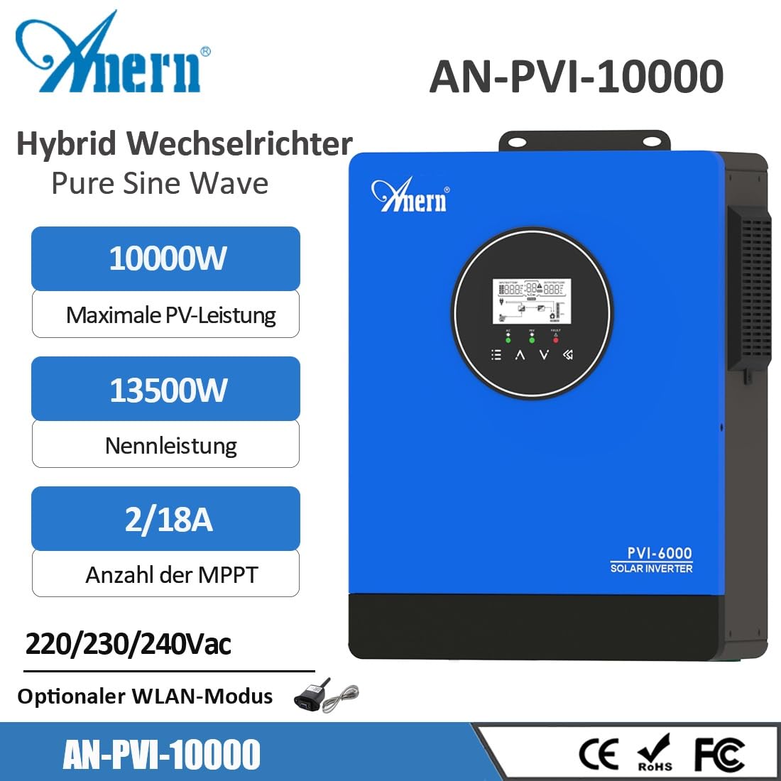 Anern 10kW Hybrid Solar Wechselrichter 220 V/230 V AC mit 2 MPPT, Max.Eingang PV 500 VDC, Photovoltaik Wechselrichter für Wasserpumpen, Generatoren, Solaranlagen, funktioniert ohne Batterie