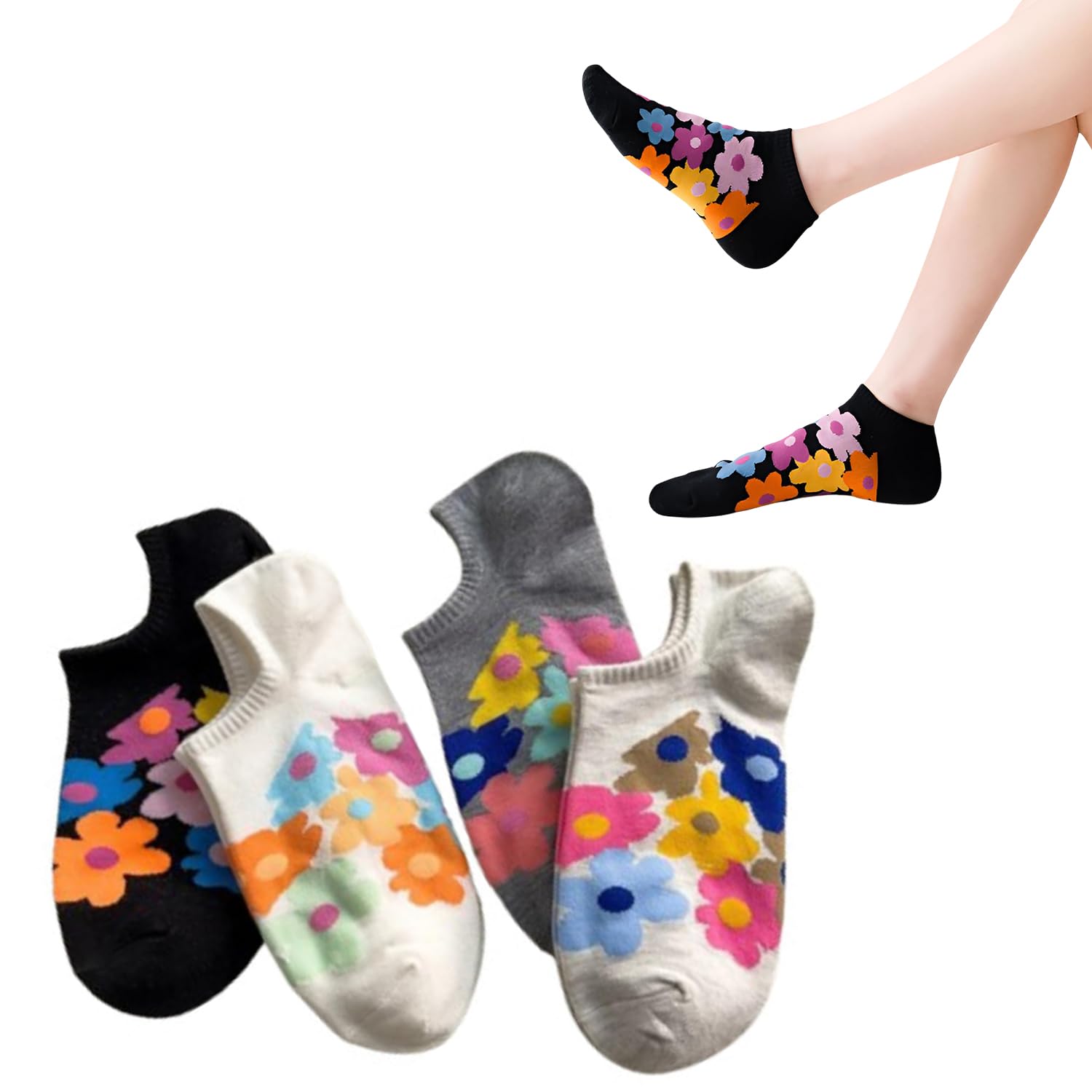 momisy Floral Print No Show Socks, Cotton Blend, Ankle Length, Pack of 4, Multicolour-picture-47