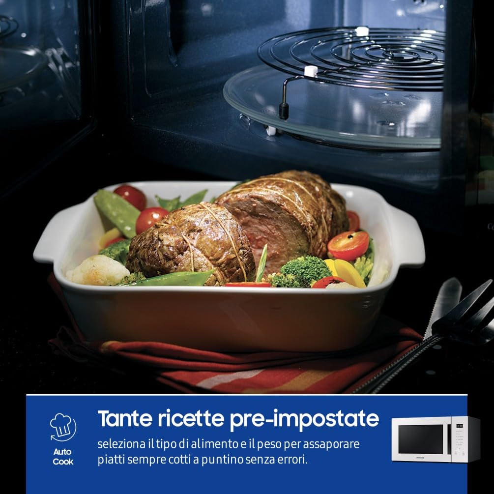 Samsung Forno a Microonde Glass Design Cottura Sana, MG30T5018UE, Vapore, Cottura Automatica, Microonde + Grill 900 W + 1500 W, 30 L, LxAxP: 52 x 30 x 42,5 cm, Porcellana