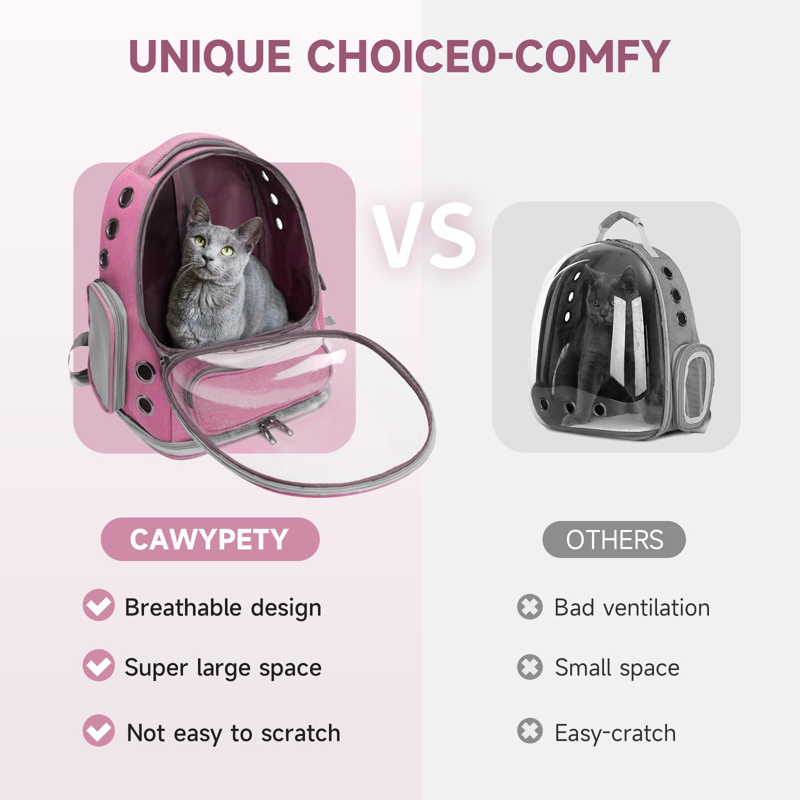 Cawypety Mochila transportadora para gatos, transpirable, con burbujas de espacio grande, para gatitos, perros pequeños de hasta 15 libras, transparente y plegable para viajes, senderismo (rosa)