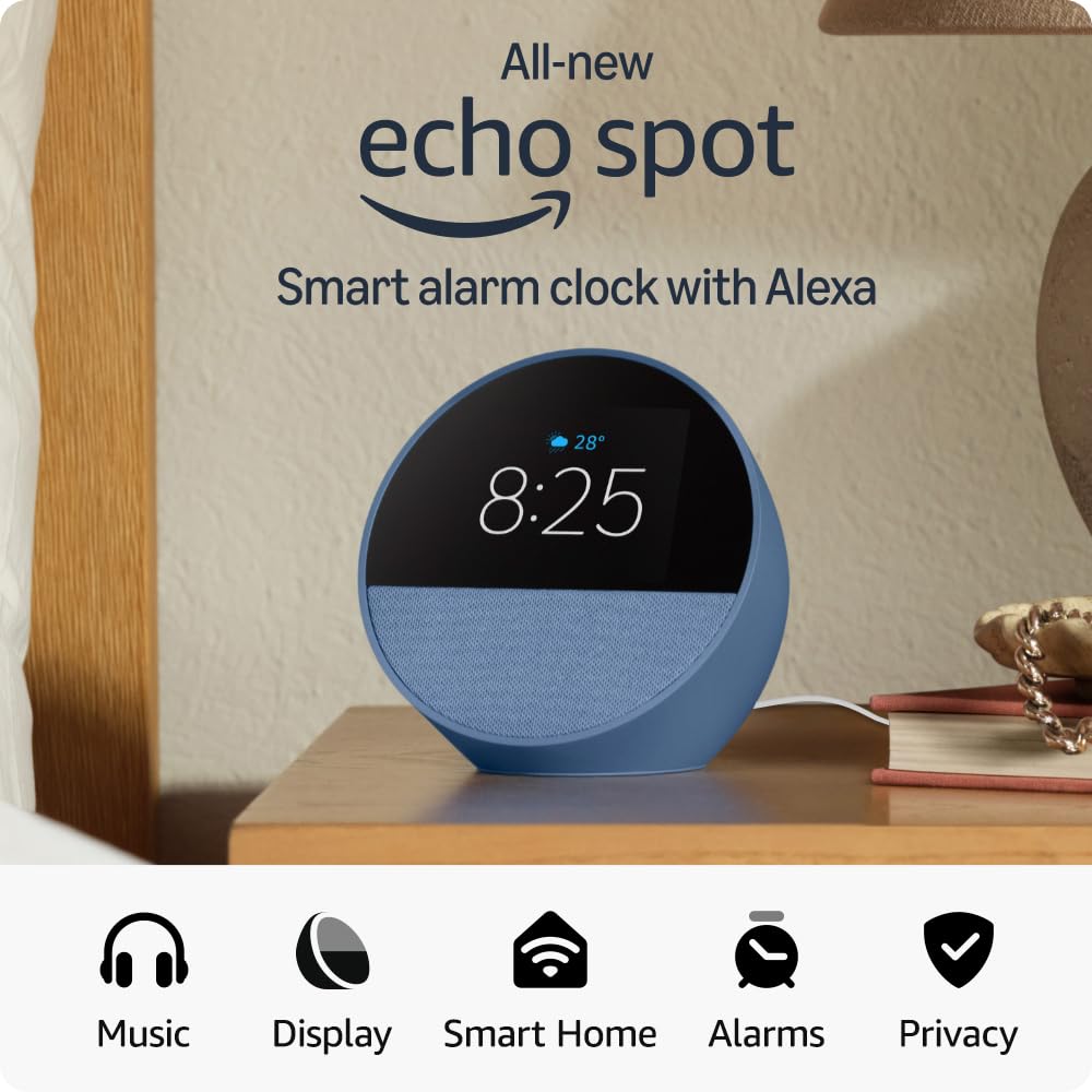 Amazon Echo Spot (latest model), Smart alarm clock with vibrant sound, Alexa and Bluetooth | Blue Amazon Echo Spot (latest model), Smart alarm clock with vibrant sound, Alexa and Bluetooth | Blue