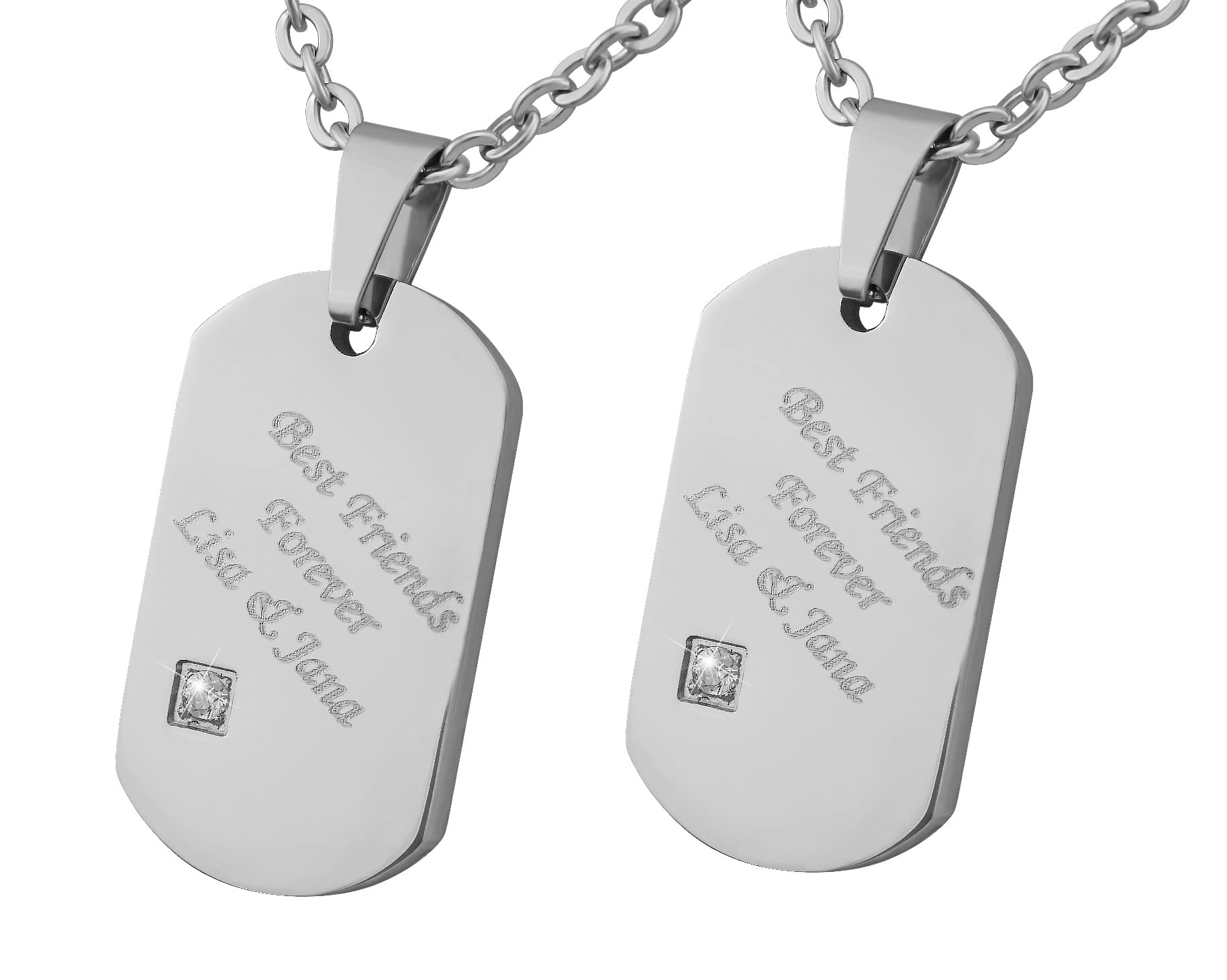 Personalisierte Kette mit Gravur Edelstahl 50 cm mit Anhänger Dog Tag mit Strass-Stein in silber - Personalisierte Geschenke Damen Herren Freundin Freund - Partner Halskette Sie Ihn