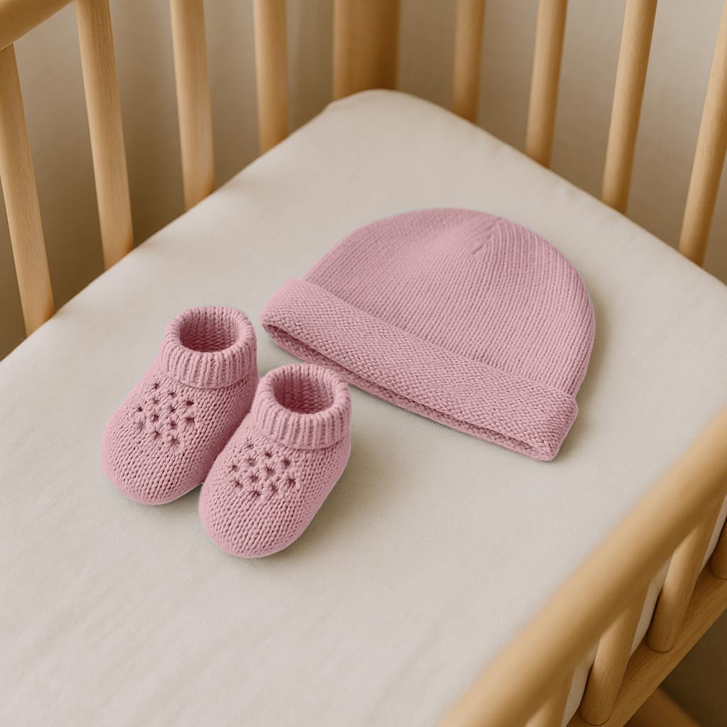 CLASSE77 Copertina in Lana Merino per Neonati con Babbucce e Cappello, Prodotto Artigianale, Made in Italy (Rosa)