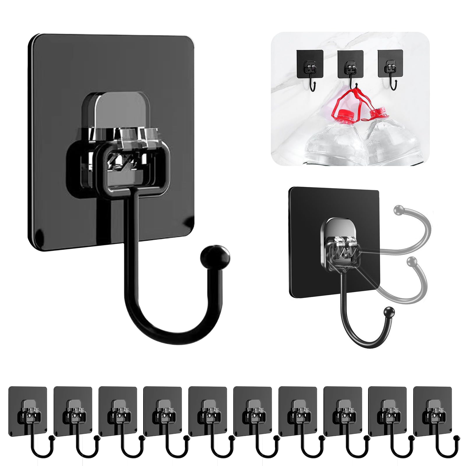 Large Wall Hooks for Hanging 10 Pack Black Hooks - Versatile Hooks for Clothes, Kitchen Utensils, Pots & Pans, Bags - Mug Hooks Under Cabinet