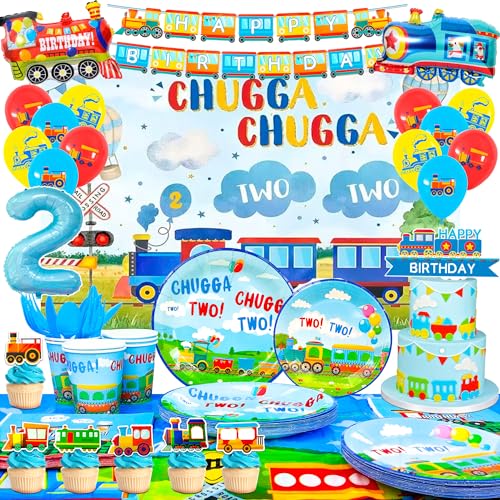 Chugga Chugga Two Two Party Decorations 16 Guests Train Party Tableware Decorations Set Including Transportation Plates Napkins Tablecloth Banner Balloon Backdrop etc Train Birthday Party Supplies