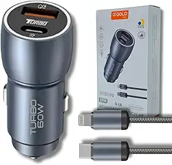 Carregador Veicular Turbo 60W Pro, Kit com Cabo. Duas portas USB 3.0 + USB-C, Led, Carregamento Rápido 9.1A Fast Charge Carro/Automotivo Compatível com IOS – Premium (Cinza)