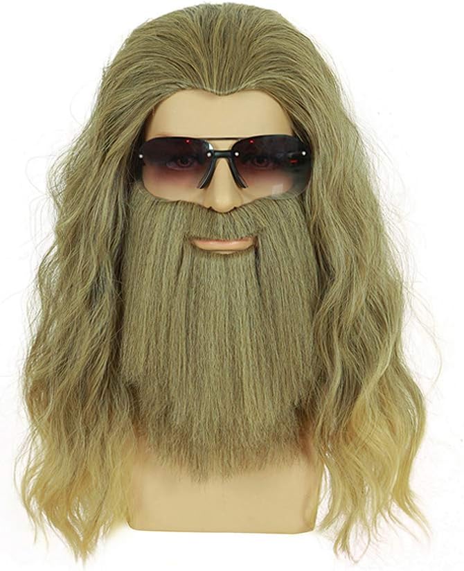 FYXZHUOLong Curly Men Wigs Thor Endgame Mustache Heat Resistant Synthetic Wig for Halloween Cosplay Anime Costume Party Gold