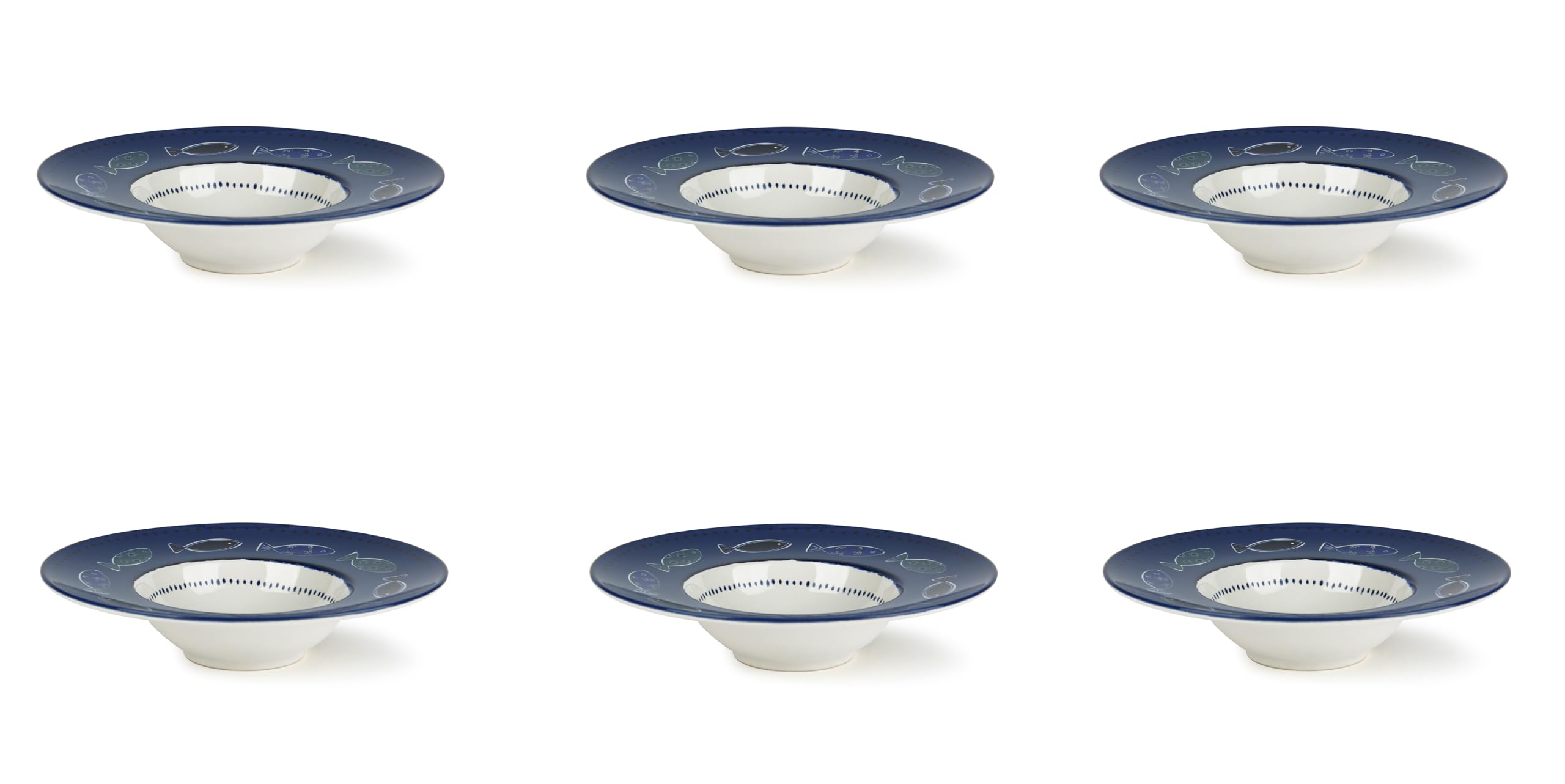 Excelsa Ocean Lot de 6 assiettes creuses en céramique avec motif poissons, bleu et blanc