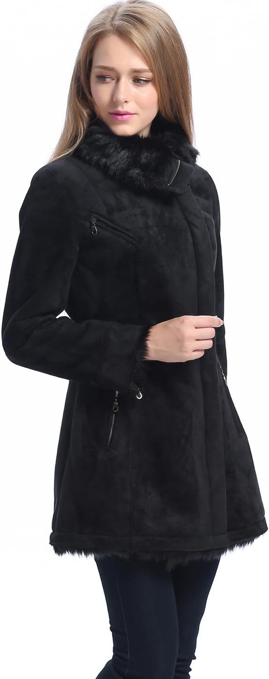 BGSD Women's Zara Asymmetrical Zip Front Faux Shearling Walking Coat Black X-Large