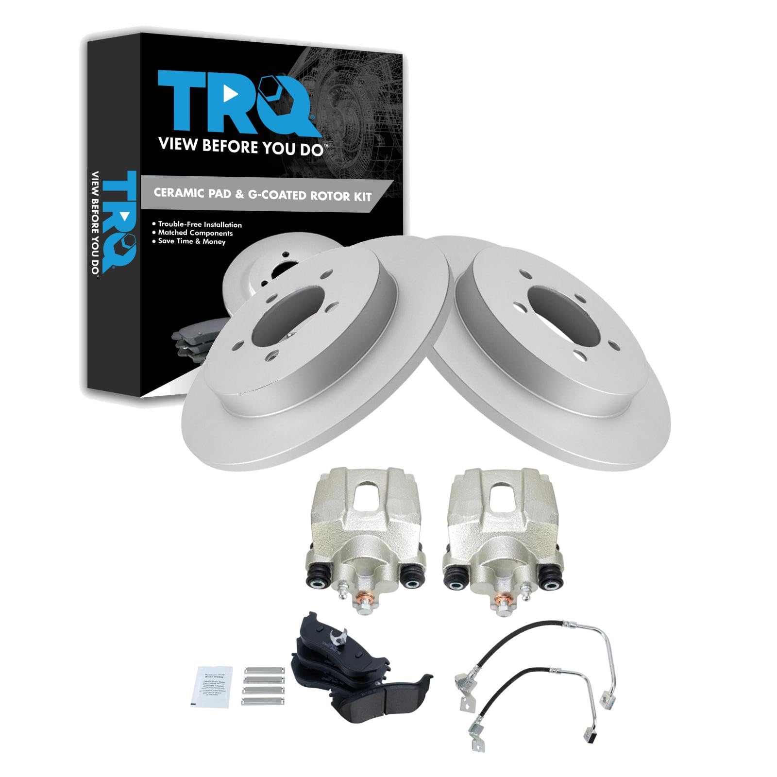 TRQ Rear Brake Pad and Rotor Set Ceramic G Coated Rotors Calipers Compatible with 2002-2005 Ford Explorer Mercury Mountaineer