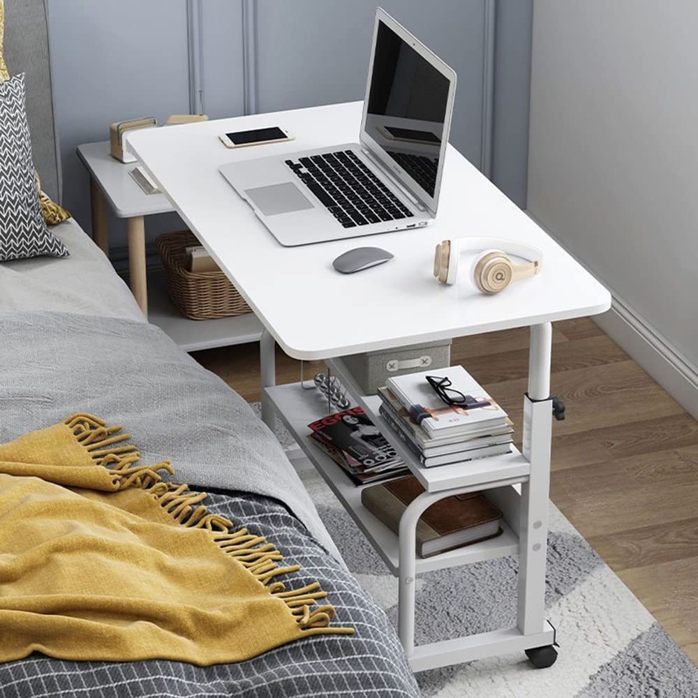Bedside Table Mobile End Table Snack Side Table Overbed Table Height Adjustable Bedside Table Laptop Rolling Cart C Shaped TV Tray with Storage Shelves (SC11-Warm White)