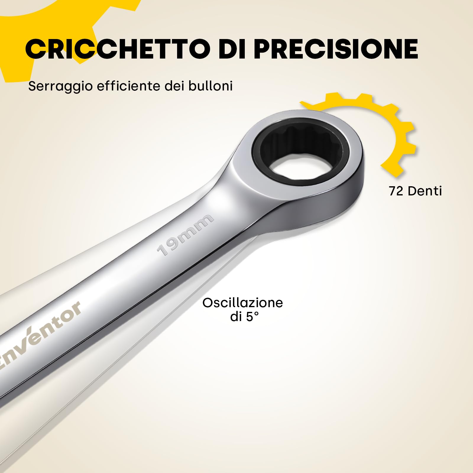 Enventor Set Chiavi a Cricchetto 8 Pezzi, Chiave a Cricchetto da Metrico 8mm a 19mm, Acciaio al Cromo Vanadio, 72 Denti, Testa Fissa, Arco di Rotazione a 5°, Set Chiavi Inglesi con Borsa