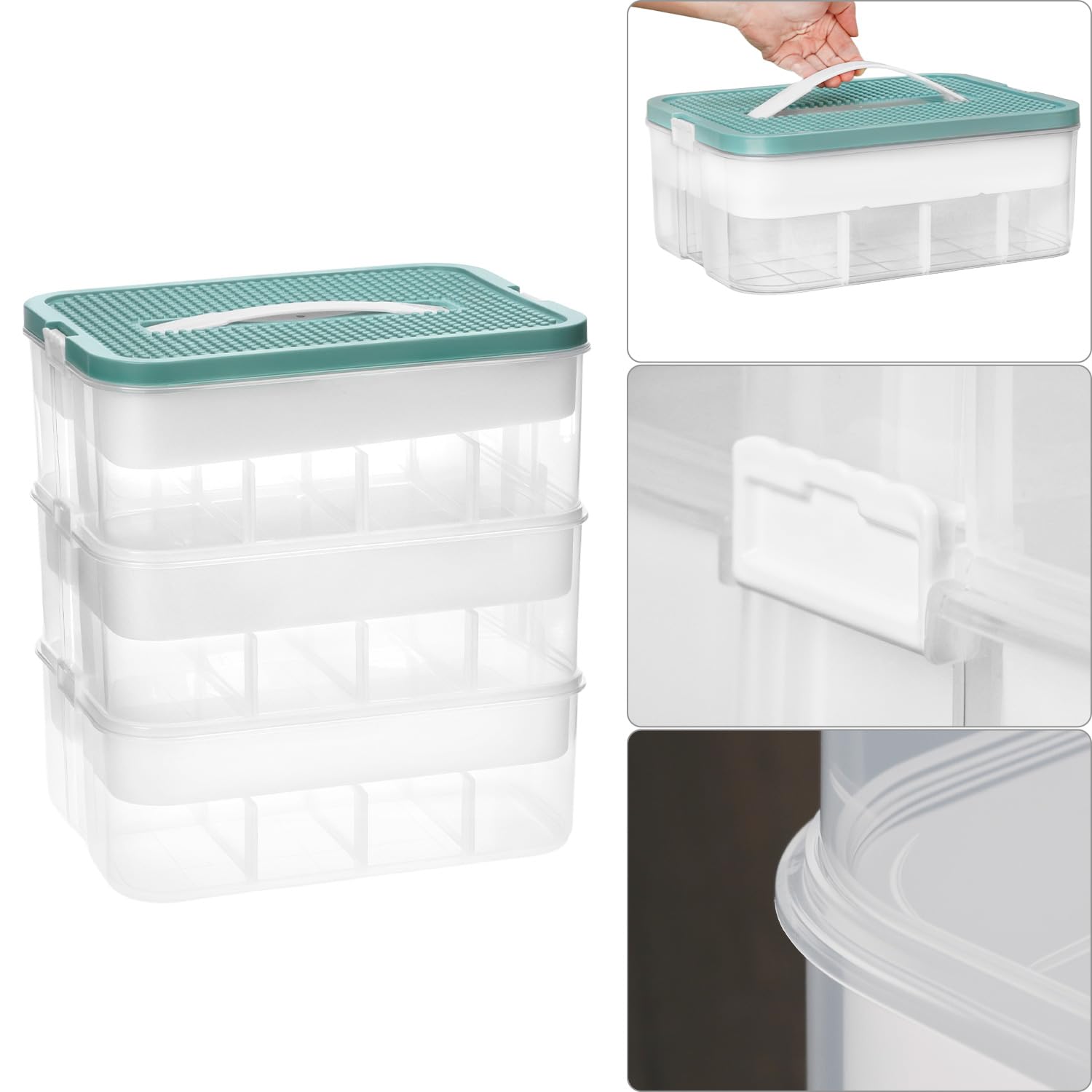 QWORK® Scatola Plastica con Coperchio, 3 Livelli Scatola Portaoggetti Puzzle, Scatole Trasparente con Scomparti Regolabili e Maniglia per Trasporto