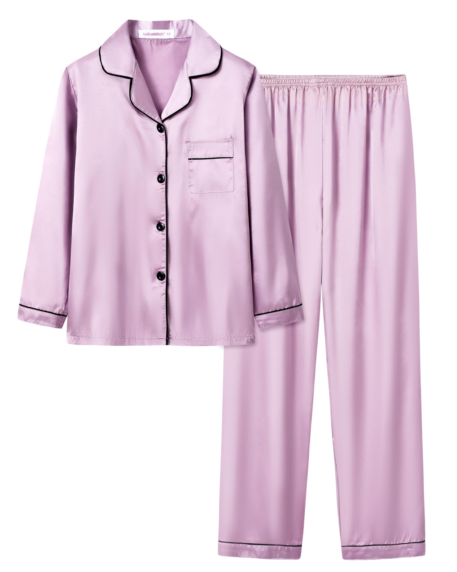 UNICABBIT21Satin Pajamas for Big Girls Unisex Kids Silk Button Down Long Sleeve & Pants PJS 2PCS Size 8-16