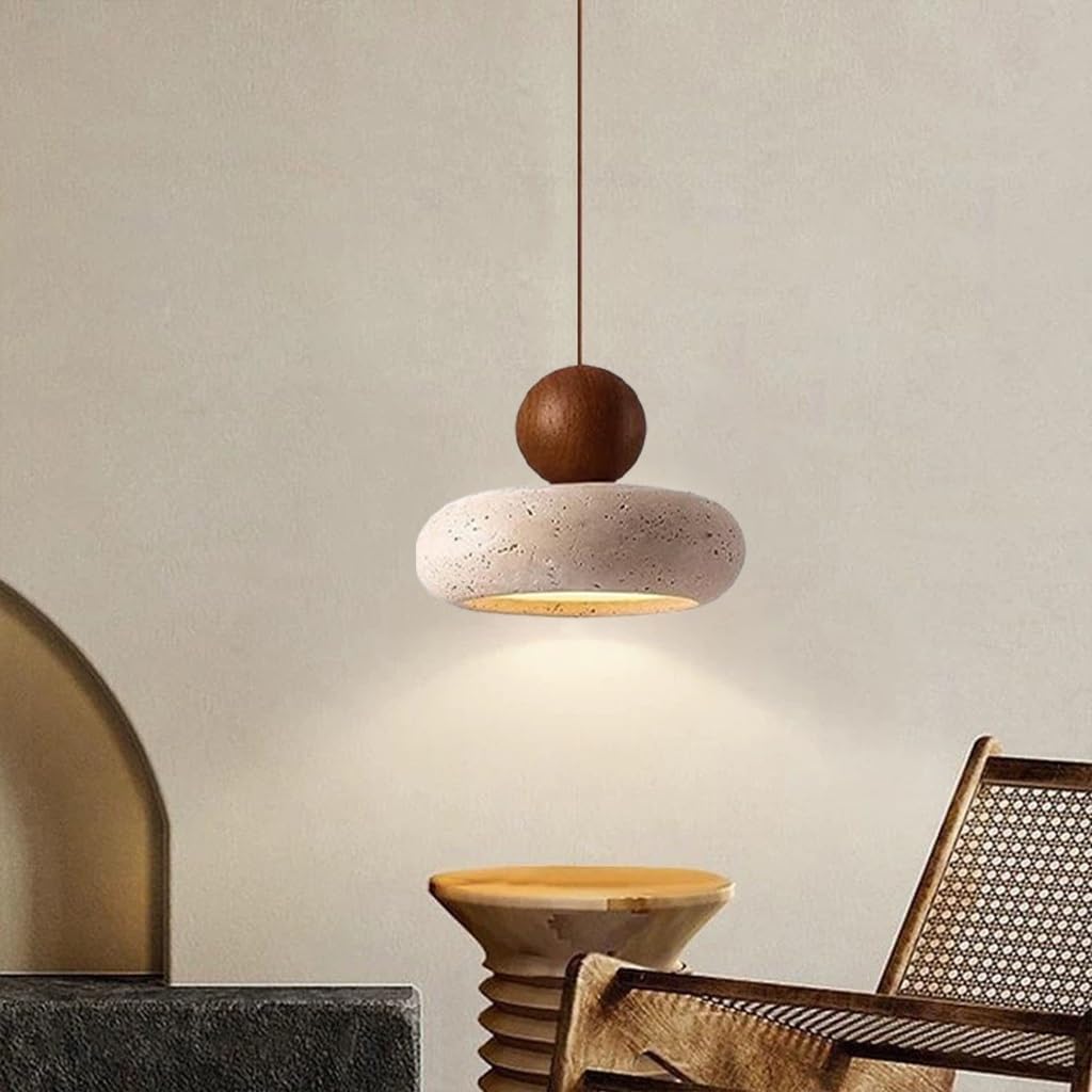 Suspension LED Bois & Travertin Wabi-Sabi 1/3 Lumières | Lustre Nordique Vintage En Pierre Naturelle Jaune, Hauteur Réglable Pour Salle À Manger, Salon, Chambre & Cuisine(20cm)