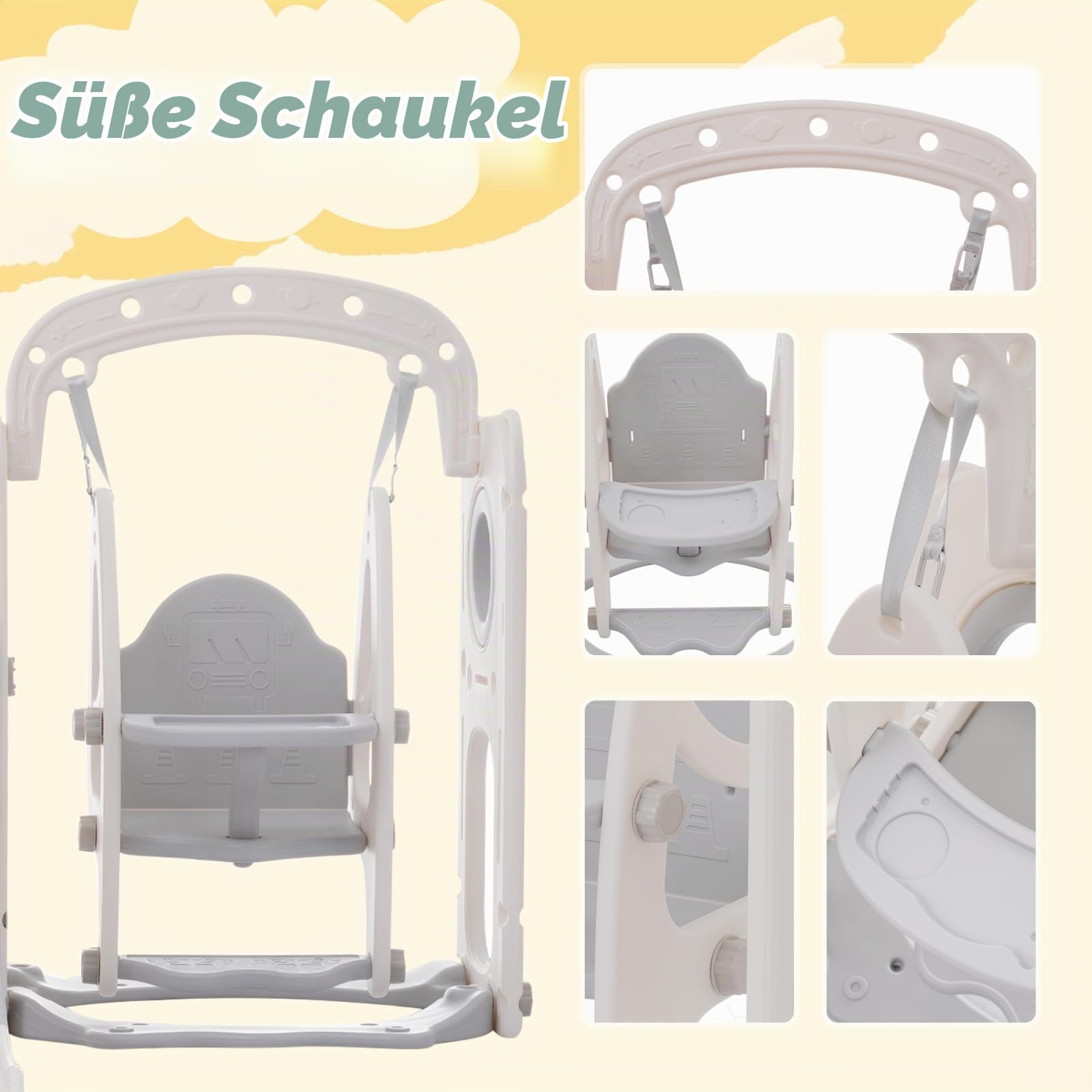 Rutsche und Schaukel für Kinder, 7-in-1Kinder Spielplatz mit Rutsche, Schaukel, Basketballkorb, Klettern,Treppe, Bohrspiel und Stauraum - Rutsche Set für Kindergeschenk
