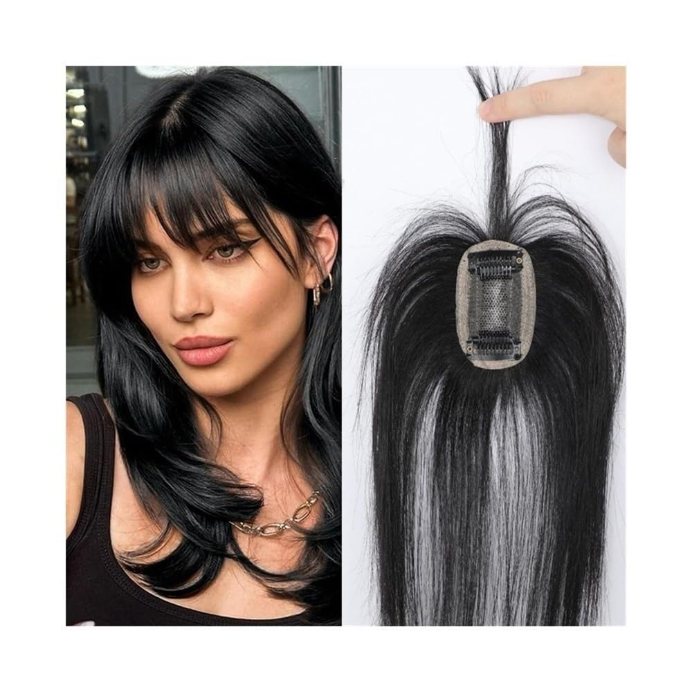 Topper for capelli con frangia a clip, capelli umani, for donne, nero naturale, base in pizzo con copertura a 360° e frangia sottile