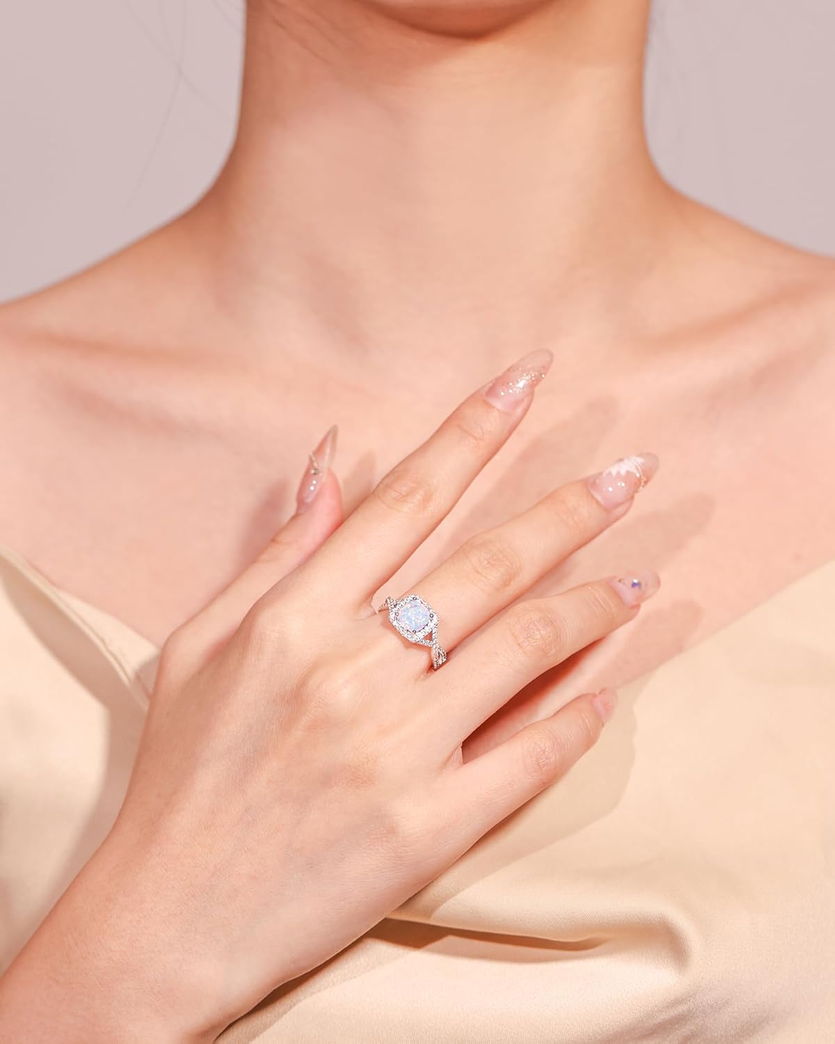 FANCIME October Birthstone Created Opal Rings Sterling Silver 4-Prong Halo White Fire Opal Cubic Zirconia Infinity Engagement Wedding Ring Fine Jewelry for Women Size 5,6,7,8,9 - Image 3