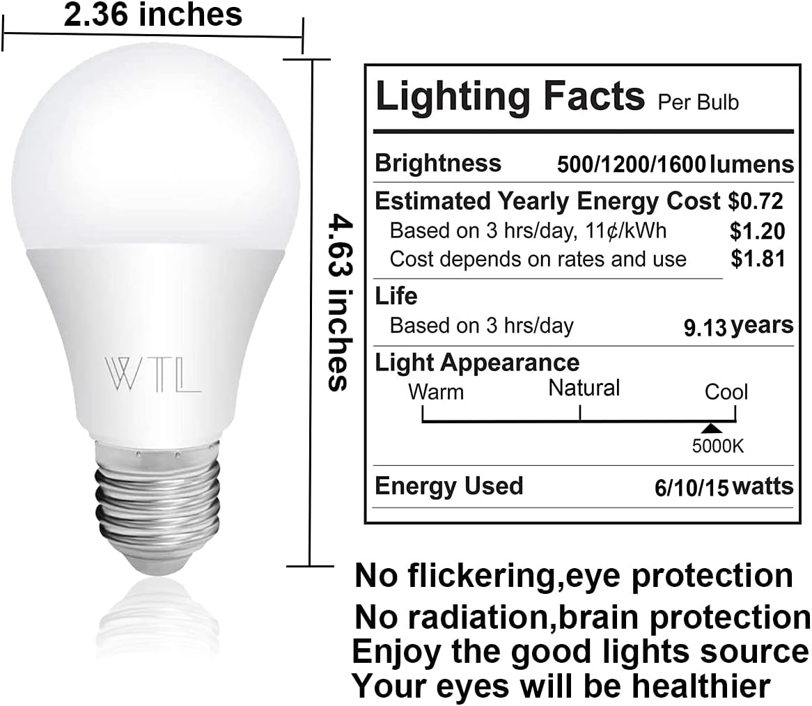 Black Friday - 70% OFF WTL A19 3 Way Bulb, 50/75/100W Equivalent (6W/10W/15W), 500/1200/1600LM, 5000K Daylight White (2 Pack)