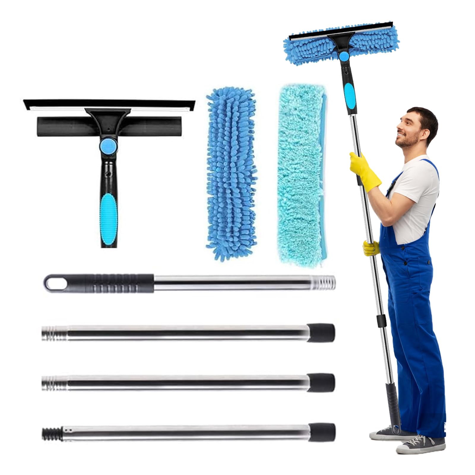 Bolizon Window Cleaning Equipment with Extension Pole(70in), 180° Rotatable Squeegee & Microfiber Scrubber,176cm Professional Window Cleaning Kit for High Windows, Shower Glass, Car and Mirror