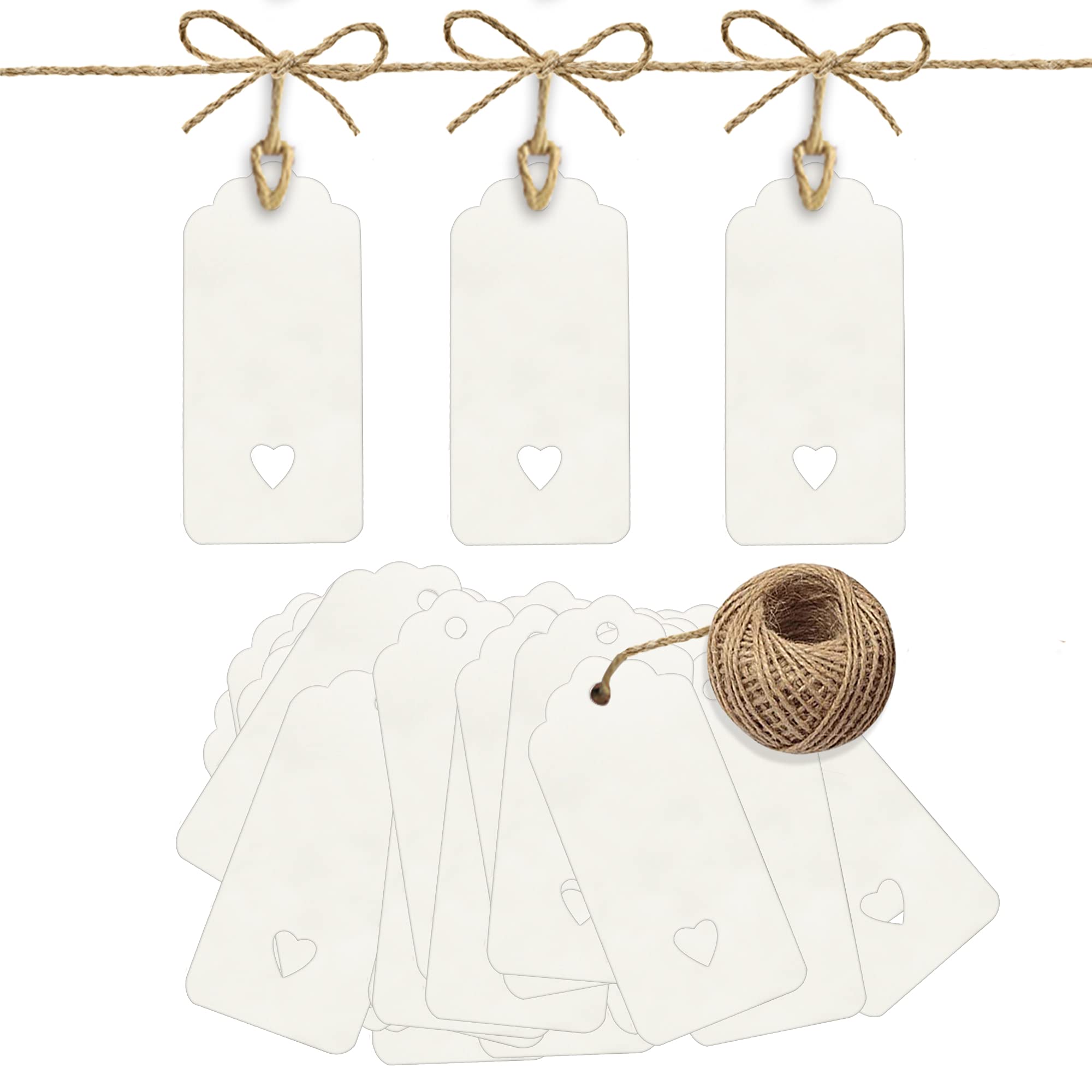 PCP 100 Pcs Gift Tags Kraft Paper Tags with 30m Jute Twine String for Arts & Craft, Luggage Label, Weddings, Valentines & Christmas, 300g/m² (White)