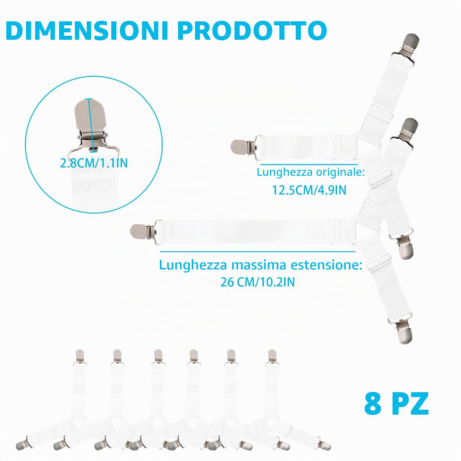 8 Pezzi Ferma Lenzuola x Angoli, Bretelle Regolabili con Clip in Metallo, Tendi Lenzuoli Triangolari per Fissare Lenzuolo al Materasso, Divano, ASSE da Stiro, Senza Pieghe
