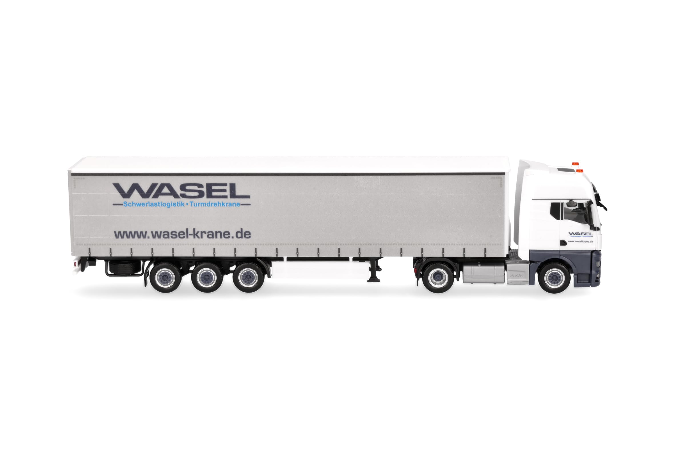 Herpa Model ciężarówki MAN TGX GX naczepa z plandeką kurtynową „Wasel”, miniatura w skali 1:87, model kolekcjonerski, wyprodukowany w Niemczech, wykonany z tworzywa sztucznego