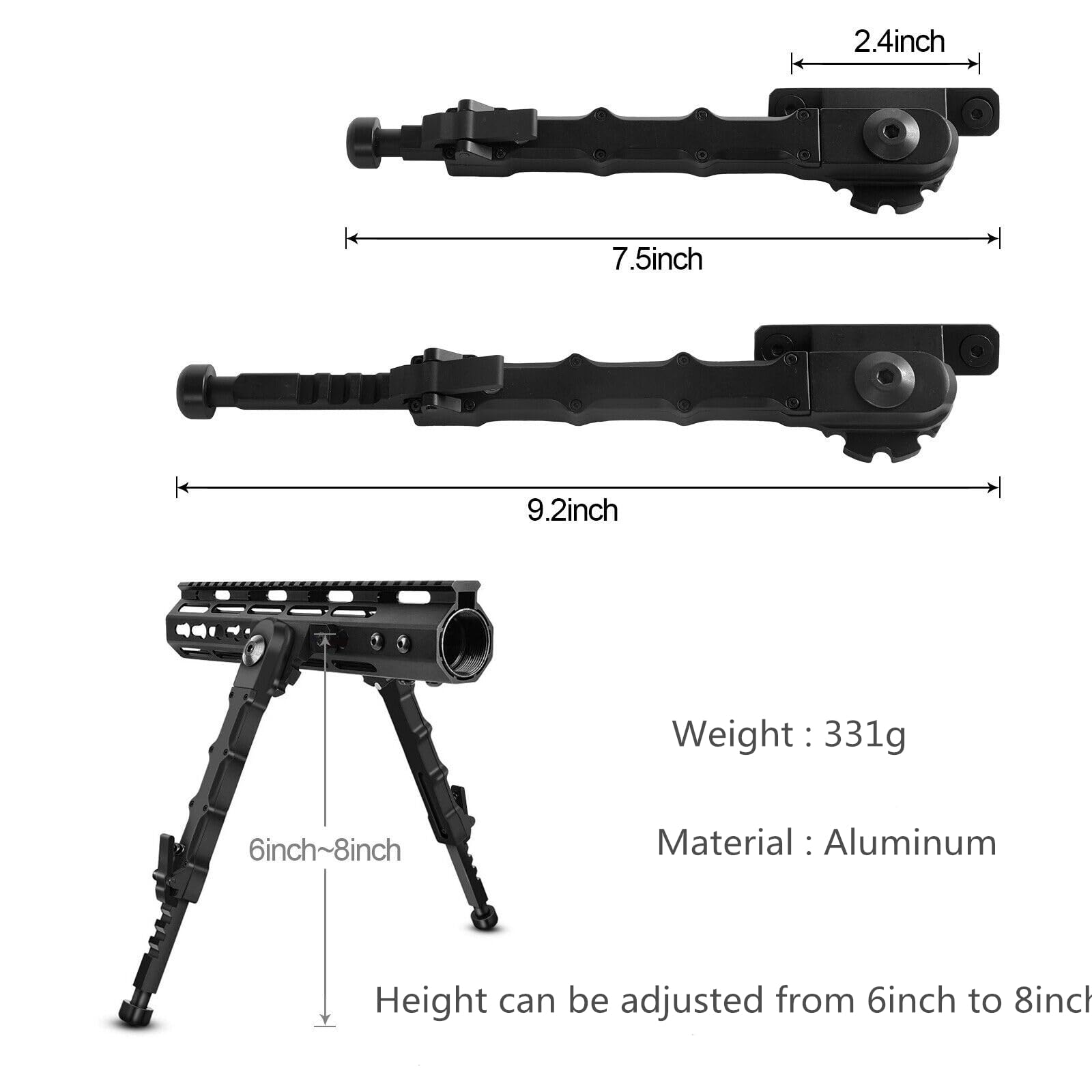 Aluminum Bipod for M-lok Compatible Handguard System Central Height of 6 Inches to 8 Inches Telescopic Side Mount Bipod
