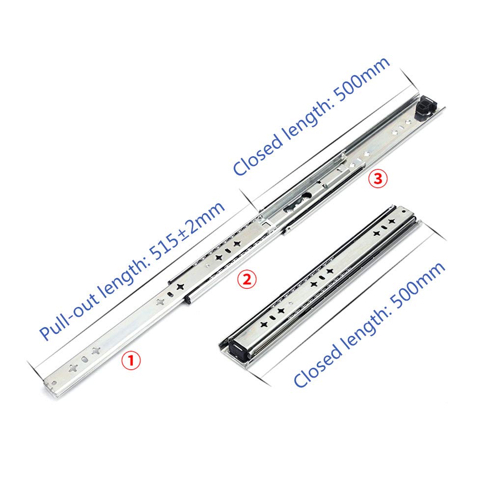 1 Paire,Résistante Coulisses de Tiroir,Rails de Sourdine À Trois Sections,Rail Coulissant et Dispositif de Sécurité 120kg/265lbs,Coulisses Commode Acier Laminé À Froid (500mm(20inch))