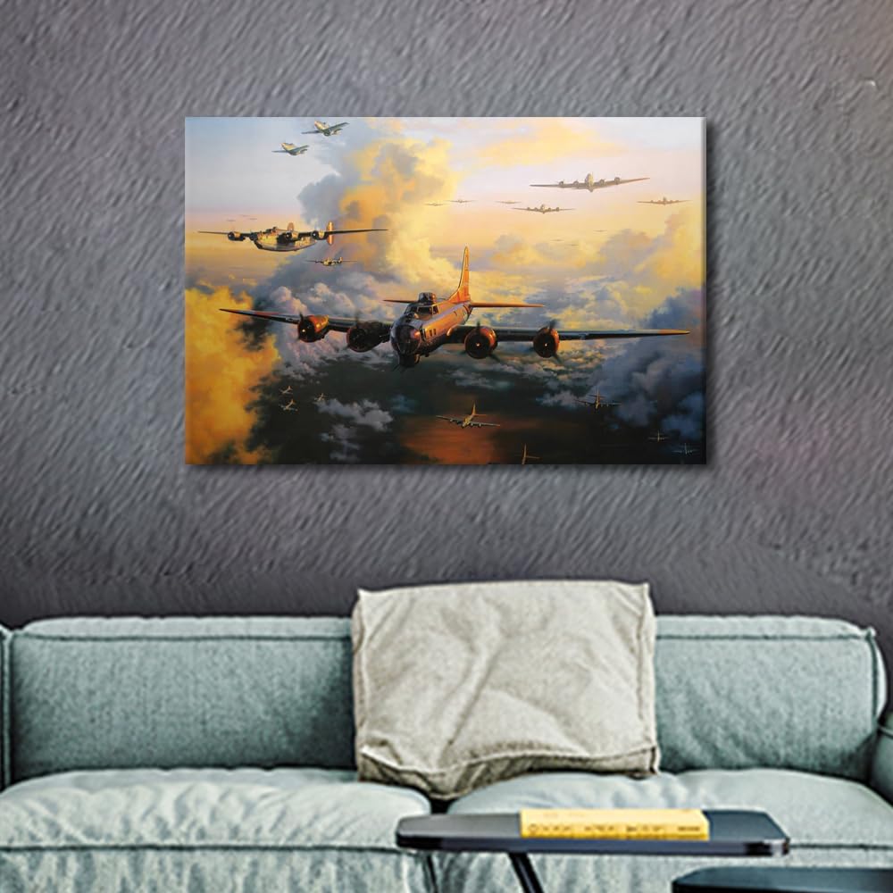 Black and White Wall Art 1 Panel WWII Airplanes Paintings Military Aircraft Pictures Print on Canvas Wall Decor Winter Decoration for Living Room Bedroom Framed Gallery-Wrapped Ready to Hang 24x16 in - Image 4