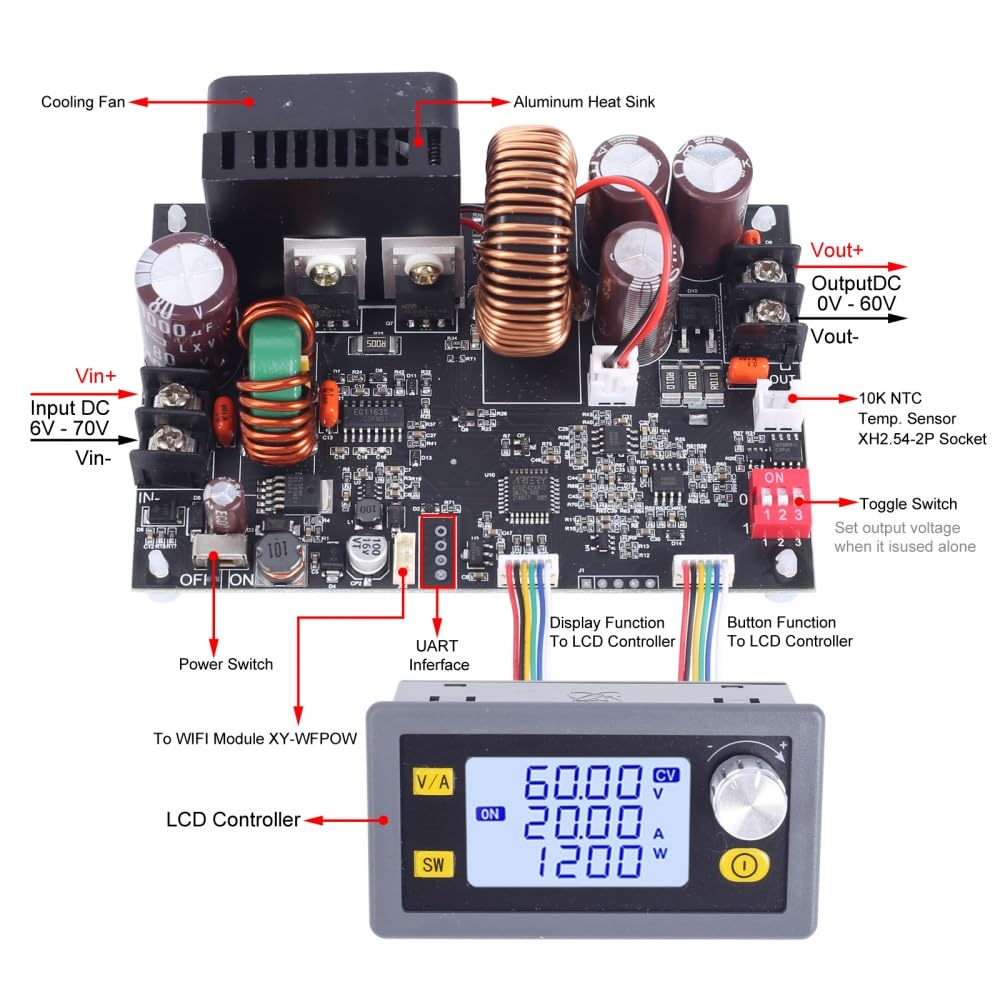 Convertitore Buck,DC XY-6020L Scheda Potenza Regolabile CNC 20A 1200W Modulo di Alimentazione Step Down per Test del Circuito di Ricarica della Batteria al Litio
