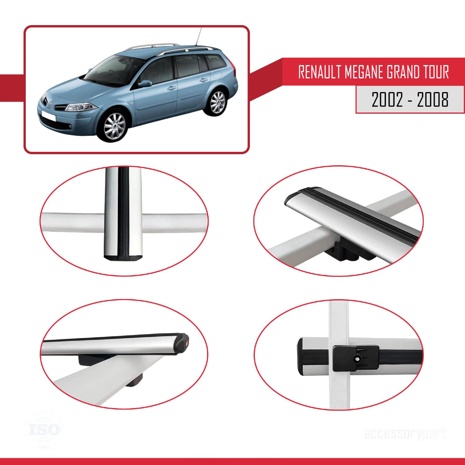 Bagażnik dachowy kompatybilny z Renault Megane Grand Tour 2002-2008 Basic Model, bagażnik dachowy, szary, aluminium, 3 drążki