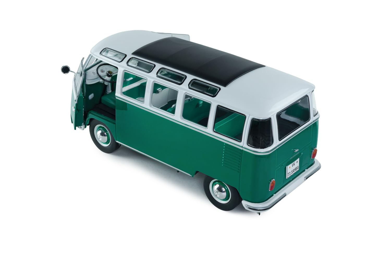 Solido - VW T1 Samba 1962 1:18 - Modellino di auto pressofuso, modello da collezione in metallo, verde/bianco, con base in plastica, scatola con finestra