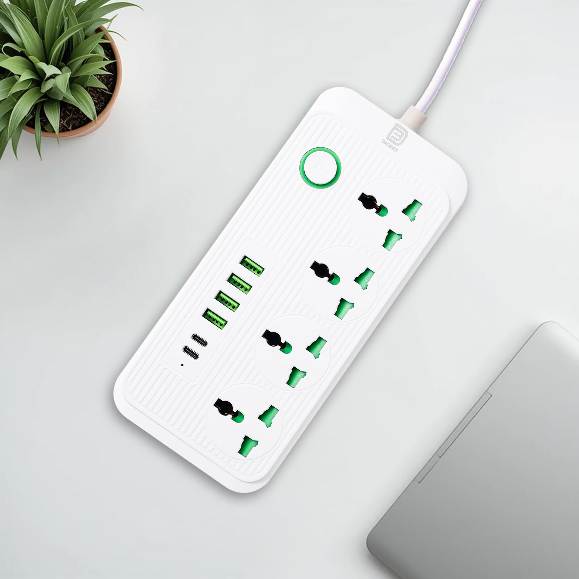 DANEEN 10in1 Power Strip with 4AC Outlets 4USB‑A + 2USB‑C Ports, Surge Protector, 3m Heavy-Duty Extension Cord, Overload Protection, Wall-Mountable Multi-Plug for Home, Office and Electronics (White)