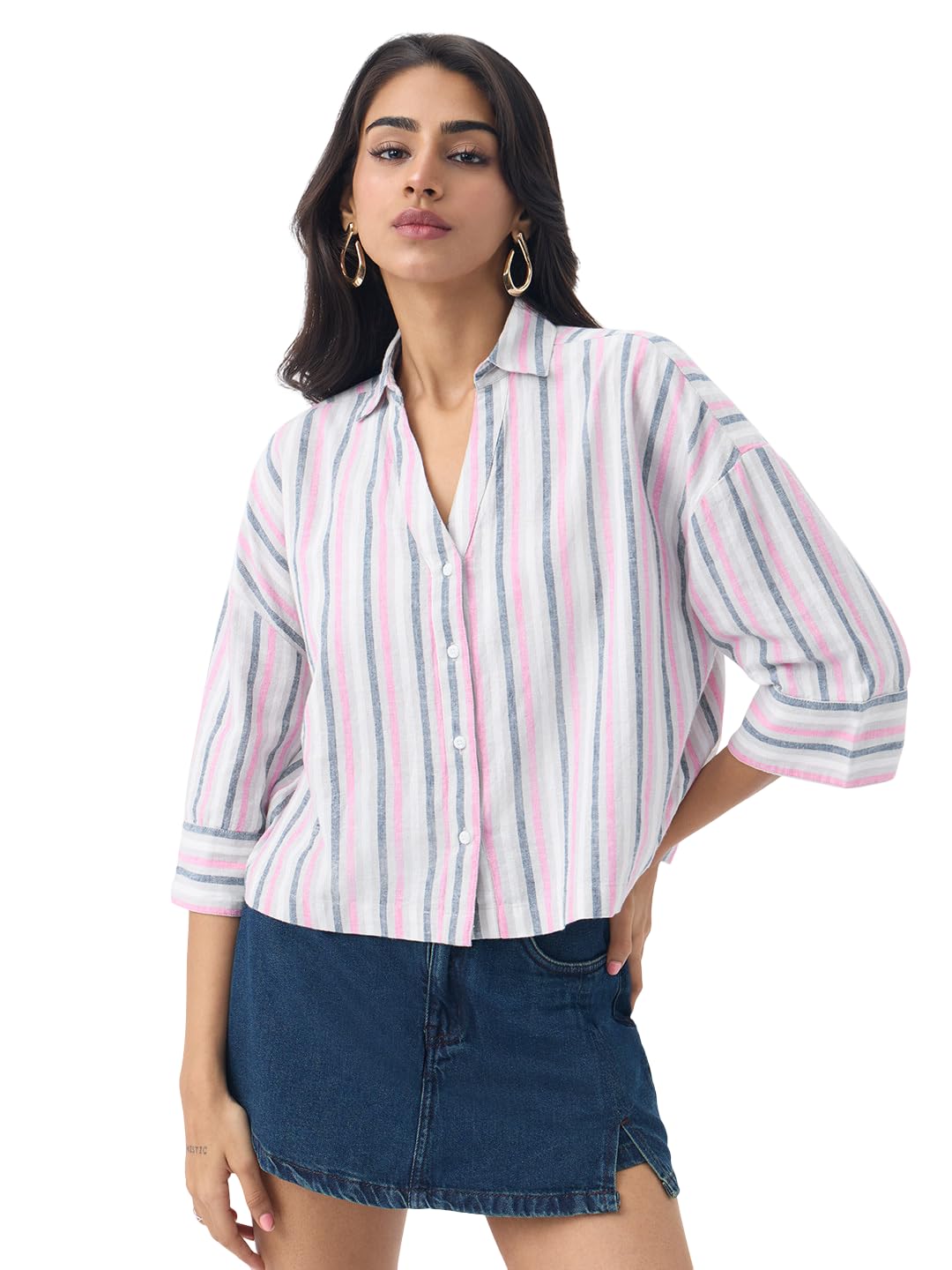 The Souled Store Cotton Linen Shirt: Women and Girls Drop-Shoulder Sleeves Spread Collar Stripes Lightweight Casual Oversized Shirt in neutral