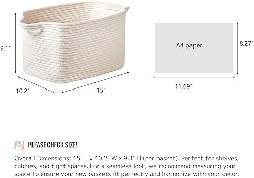 Miniatura 2 de R RUNKA Juego de 3 cestas de almacenamiento de cuerda de algodón (15 x 10.2 x 9.1 pulgadas), contenedores de almacenamiento rectangulares,