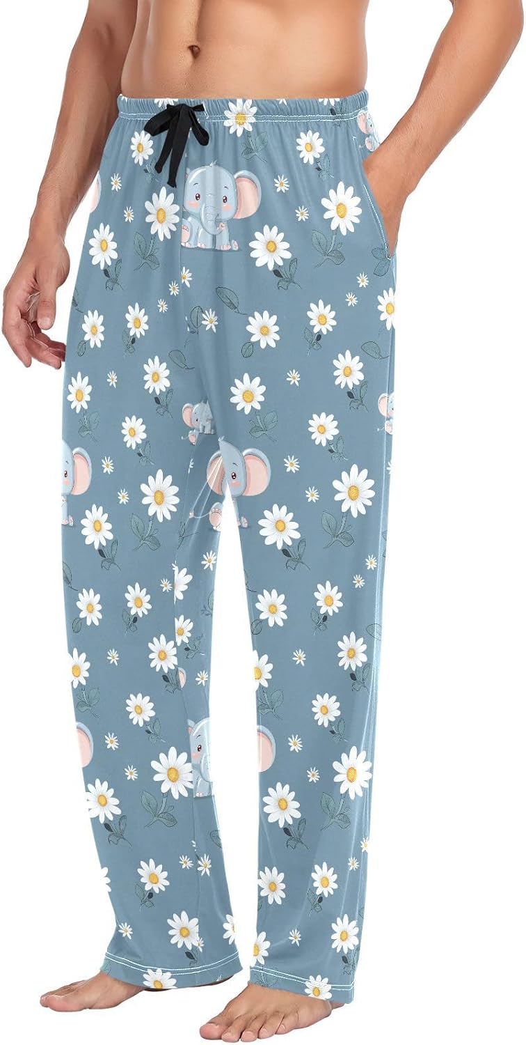 ALAZA Cute Elephant Daisy Flower Men's Pajama Pants Men Cotton Pajama Bottoms with Pockets, S