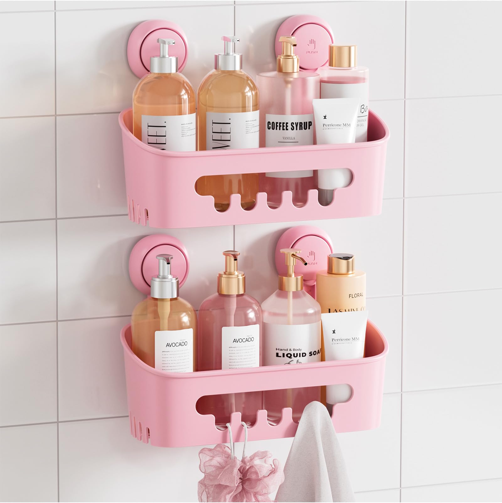 TAILI Suction Shower Caddy, Wall Mounted Bath Organizer Shelf for Shampoo Body Wash, Plastic Shower Rack, Drill-Free Removable, Pink
