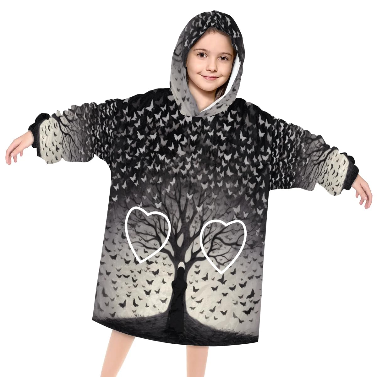 Wearable Blanket Hoodie for Kids, Beautiful butterfly Fleece Sweatshirt Blanket Oversized Blanket Sweatshirt with Pocket Flannel Warm Hooded Blanket 6-10 Year Old Girl Boy Gift, One Size
