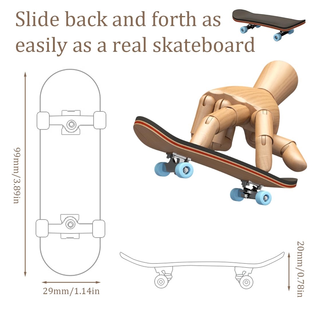 Mini Skateboard da Dito per Bambini, Skateboard da Dito per Bambini 5 Strati di Acero in Legno Skateboard, per Giocare o Come Decorazione, Gadget Compleanno Bambini 3+ Anni, 99 x 29 x 20 mm