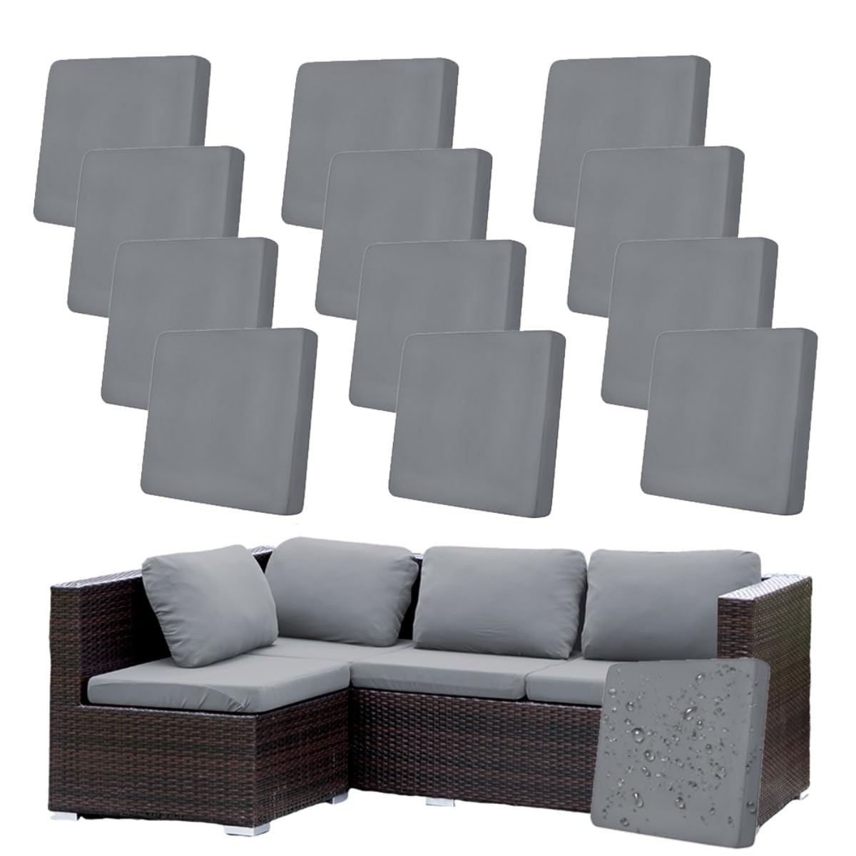 Hiseng Outdoor Cushion Covers Replacement 8/12 /14 PCS Water Resistant Patio Seat Cushion Covers for Garden Furniture Rattan Corner Sofa, Solid Color Soft Stretch Washable (Light gray,12PCS)