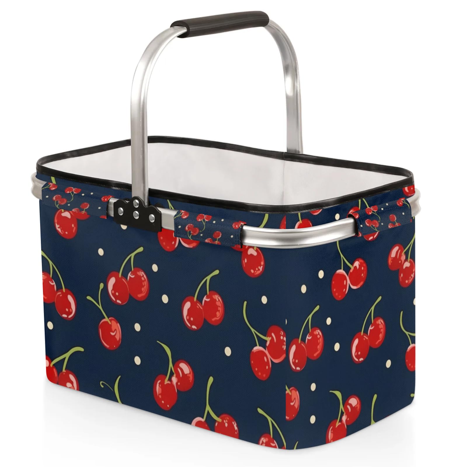 Collapsible Picnic Basket with Handle, Shopping Basket Aluminum Frame, Grocery Basket Tote for Women, Farmers Market Basket, Harvest Baskets Camping Travel Portable Beach Bag (Cherry)