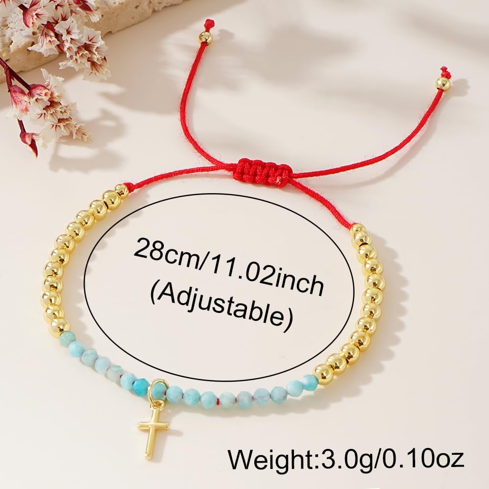 Gold Beaded Cross Bracelet Stack for Women, Gemstone Non Tarnish Adjustable Red String Gold Beads Bracelet Handmade Stackable Fashion Jewelry Christian Gift Inspirational Gift for Women - Image 6