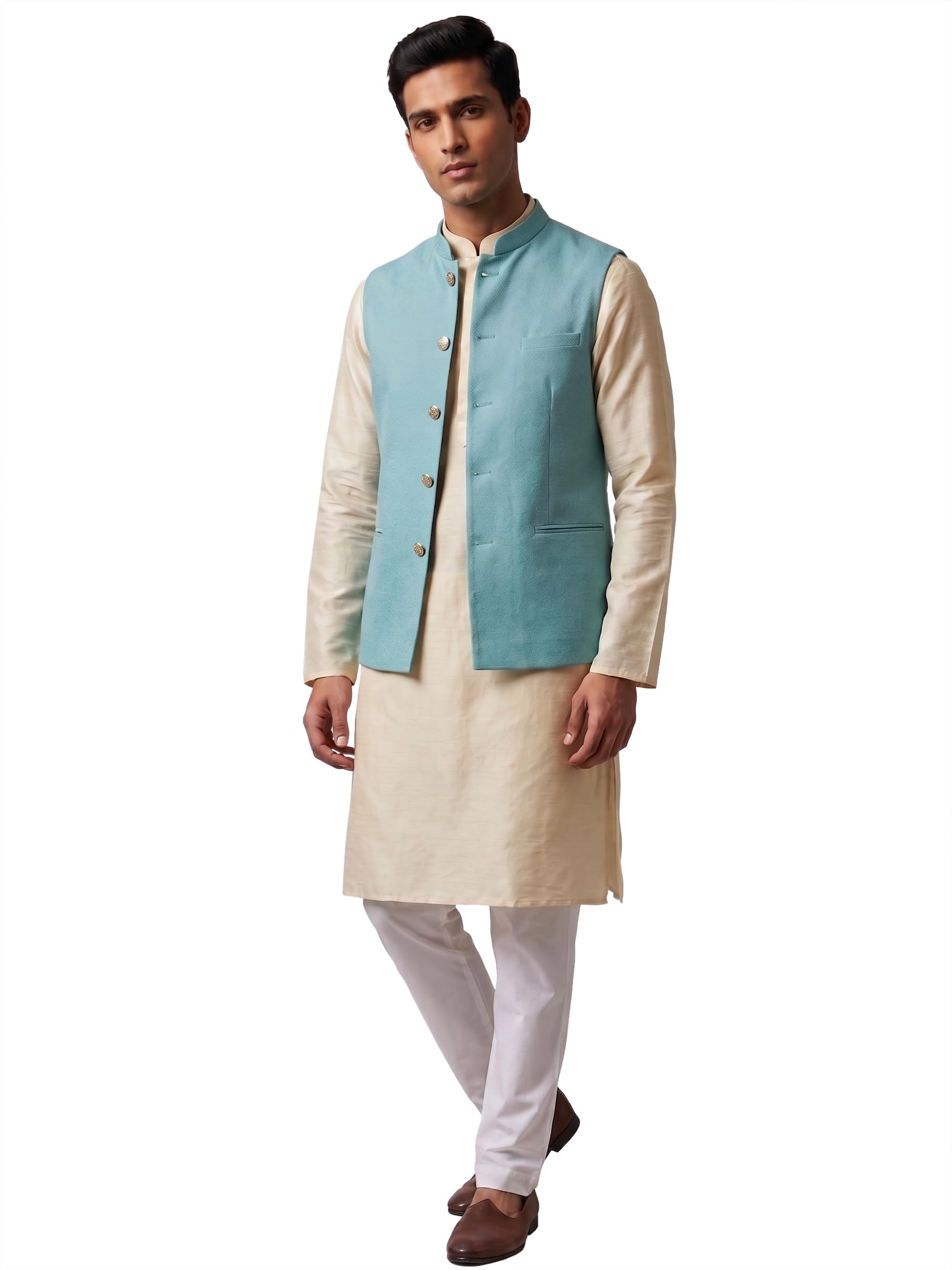 Men's Nehru Jacket Teal Sleeveless Ethnic Waistcoat-picture-52