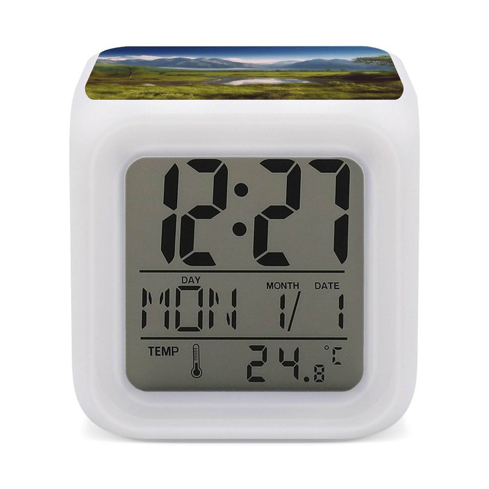 VstaDank Beautiful Scenery Digital Alarm Clock LED Display Screen Color Change Alarms Clock Smart Alarm Clock Wake Up Digital Clocks with 7 Color Nightlight for Bedroom